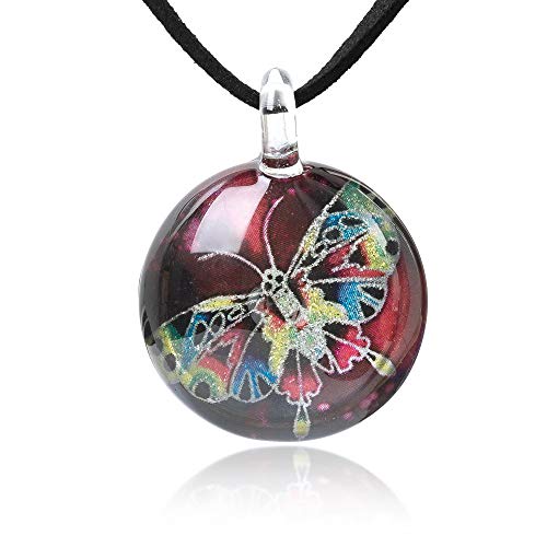 Chuvora Hand Blown Glass Jewelry Multi-Colored Butterfly Red Pendant Necklace, 17-19 Inches Leather Cord