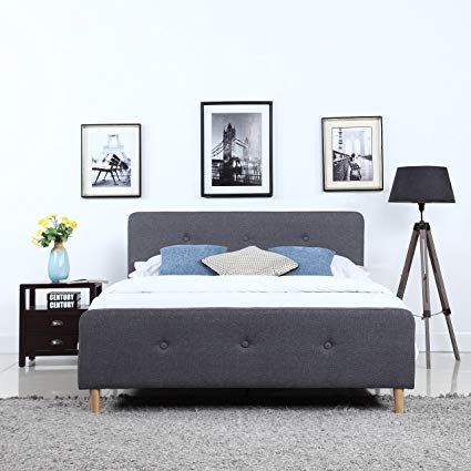 Mid Century Modern Linen Fabric Low Profile Bed Frame (Full, Dark Grey)