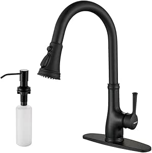 Black Kitchen Sink Faucet, Single Handle Pull Down Matte Black Kitchen Faucet with Sprayer and Product Image Built in Soap Dispenser, WEWE