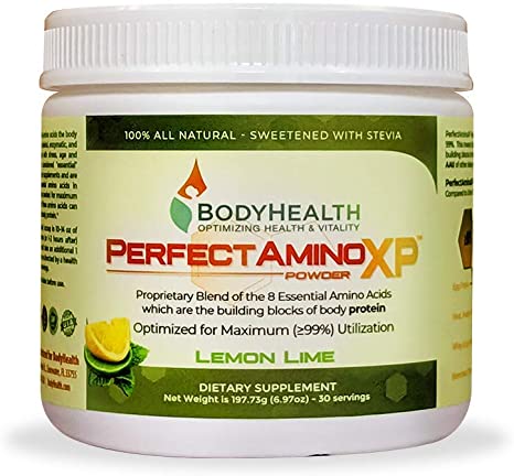 BodyHealth PerfectAmino XP Lemon Lime (30 Servings), Best Pre/Post Workout Recovery Drink, 8 Essential Amino Acids Energy Supplement with 50% BCAAs, 100% Organic, 99% Utilization
