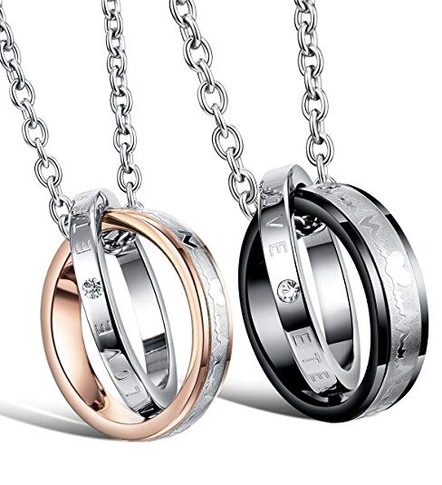 His & Hers Matching Set Titanium Stainless Steel Couple “Heart Beat Chart” Pendant Necklace in a Gift Box