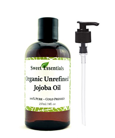 100% Organic Jojoba Oil | Imported From Argentina | Various Sizes | Virgin / Unrefined | Golden | Cold Pressed | 100% Pure | Natural Moisturizer for Skin, Hair and Face | By Sweet Essentials (8 fl oz)