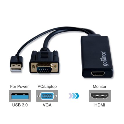 gofanco® VGA to HDMI Converter (Black) with 1080p & Audio Support - Male to Female for VGA enabled desktops and laptops to connect to HDMI displays/HDTVs