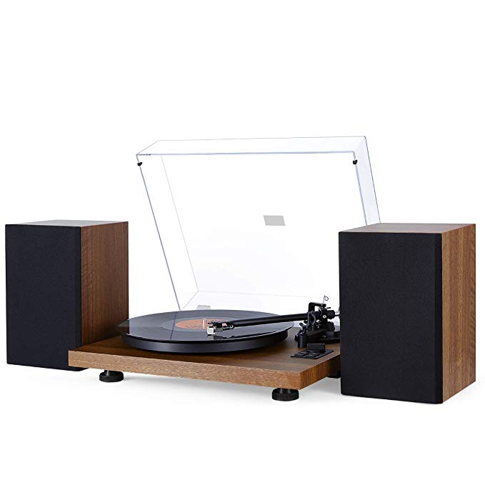 1byone Bluetooth Turntable Hi-Fi System with 36 Watt Bookshelf Speakers, Vinyl Record Player with Magnetic Cartridge