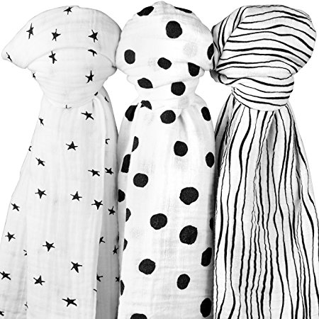 Cotton Muslin Swaddle Blanket 3 Pack 47" x 47" Abstract Black and White Circles Stripes and Stars for Baby Girl or Boy by Ely's & Co.