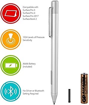 hacey Pen Work with Microsoft Surface Pro 7 Surface Laptop 1 2 Surface Book Surface Go Surface Pro 6 Pro 5 Pro 4 Pro 3 with 1024 Levels Pressure Sensitivity (Silver)