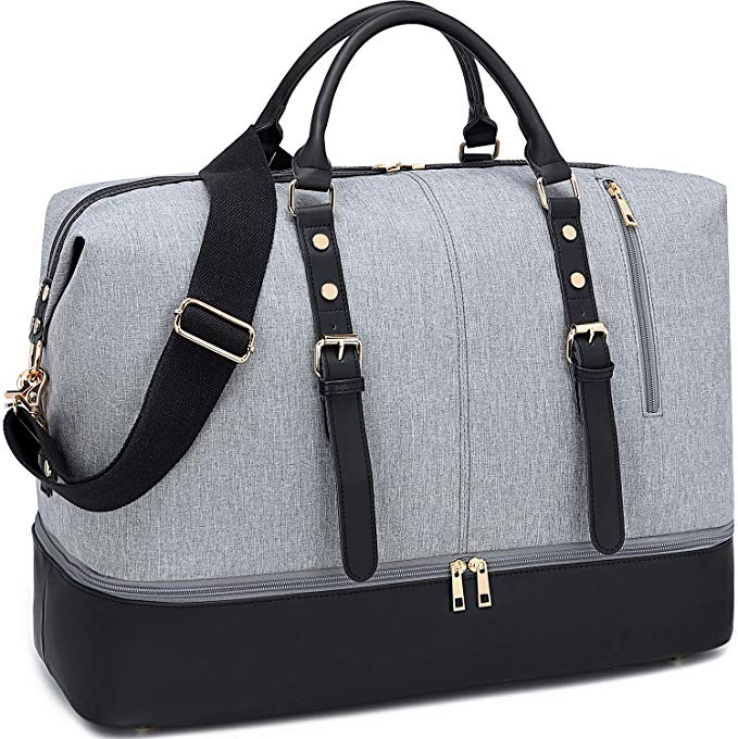 Weekender Carry On Tote Overnight Bag for Men and Women Travel Duffle with Bottom Shoe Compartment (Grey-D)