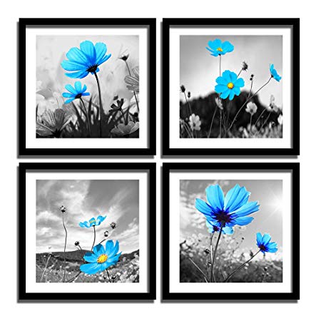 ENGLANT 4 Panels Framed Flower Canvas Wall Art, Black White and Blue Canvas Prints, Abstract Painting Print Artwork, Nature Wall Décor for Home and Office 12x12inchx4 Pieces