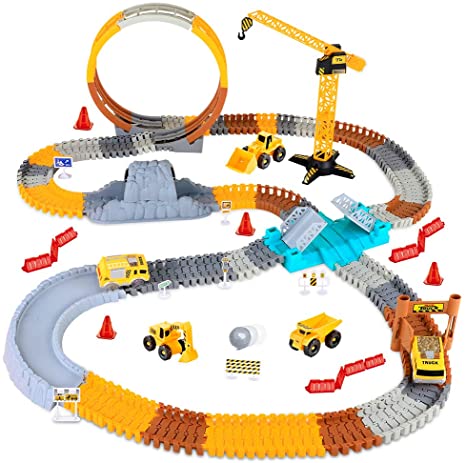 226pcs Construction Themed Race Tracks Set, Flexible Trains Tracks With 2 Race Trucks, Toy Cars Set for 3 4 5 6 7 Years Old Child Kids Boys and Girls, Road Race Playset for Christmas Birthday Gift
