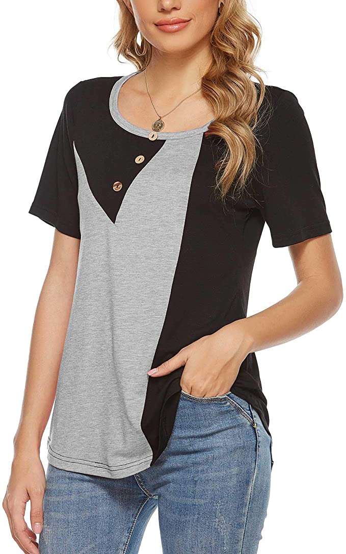 koitmy Women's Short Sleeve Tops Patchwork Color Block Casual Blouses T Shirt