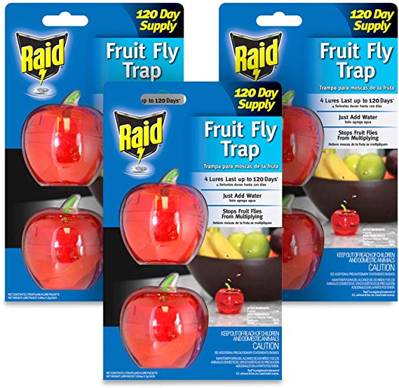 Raid Fruit Fly Trap Bundle, Set of 3 2-Pack Apple Fruit Fly Catcher Indoor Trap, 360-Day Supply of Fruit Fly Traps for Kitchen & Dining Areas, Reusable Gnat Traps w/Food-Based Lure for Fruit Flies