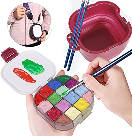 Multi-in-1 Wet Palette and Brush Cleaner Kit, Brush Basin with Holder Organizer 16-Well Airtight Paint Storage Palette Box, Artist Paint Palette for Acrylic, Watercolor, Oil, Gouache Painting (Red)