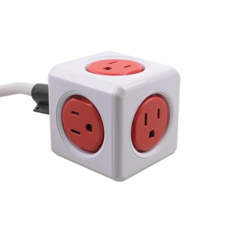 [New Version] PowerCube 5 Outlets 5ft Extension Cord Surge Protector Wall Adapter Power Strip with Resettable Fuse, Red