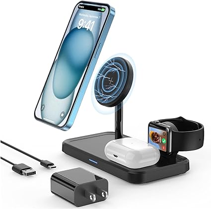 Magnetic Wireless Charger Station, JoyGeek Magnetic 3 in 1 Mag Safe Charging Station for iPhone 14/13/12 Series, iWatch 8/7/SE/6/5/4/3/2, Air Pods 3/Pro/2 (with QC3.0 Adapter), Black