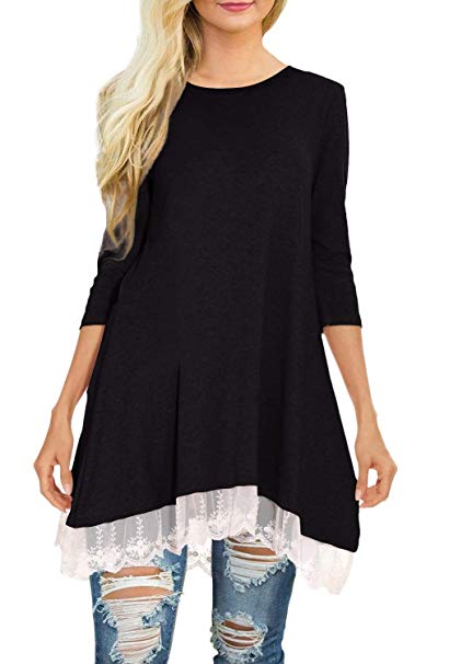 Urban CoCo Women's Lace Casual Tunic Tops 3/4 Sleeve Swing T-Shirt Dress