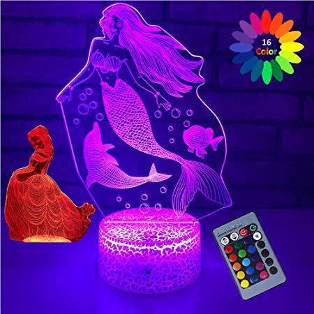 eTongtop Mermaid Lights for Kids 3D Princess Night Lamps 16 Colors 7 Colors with Remote Birthday Gifts for Girls Women (Mermaid  Princess)
