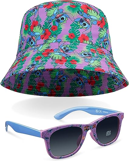 Disney Stitch Sunglasses and Bucket Hat Summer Accessories Set for Girls Lightweight Breathable One Size Sun Hat 100% UV Protection Kids Sunglasses Travel Holiday Stitch Gifts for Girls