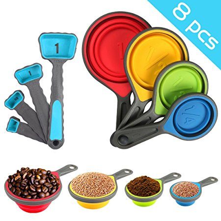 Nlife 8pcs Collapsible Silicone Measuring Cups Measuring Spoons Perfect for Pet Food, Coffee, Supplements, Flour, Grains, Lentils, Spices, Honey, and Liquids (FDA Approved BPA Free Non Toxic)