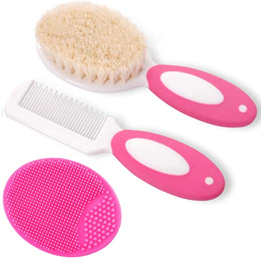 Baby Hair Brush and Comb Set for Newborns & Toddlers | Natural Soft Goat Bristles | Ideal for Cradle Cap | Perfect Baby Registry Gift (Red)