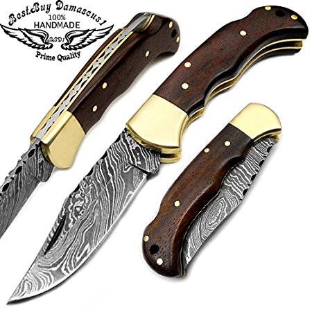 Rose Wood 6.5'' 100% Handmade Damascus Steel Folding Pocket Knife 100% Prime Quality