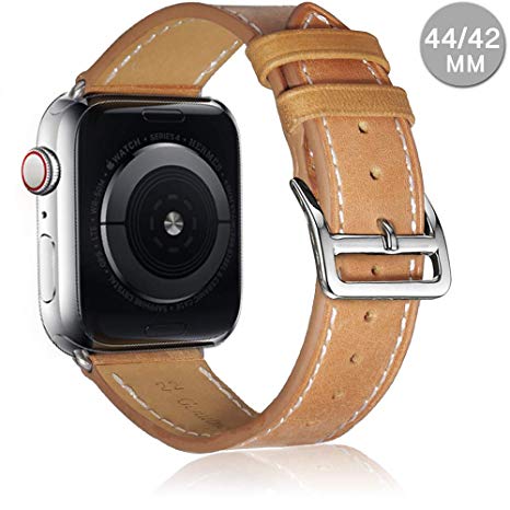 Compatible with Apple Watch Leather Band Series 4 (44mm) Series 3 Series 2 Series 1 (42mm) | Premium Genuine Leather Replacement Band (Camel Brown, 44mm/42mm)