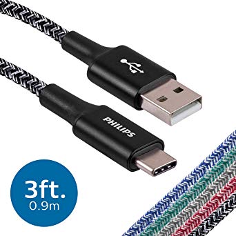 Philips 3 Ft. 2 Pack USB Type C Cable, USB-A to USB-C Black Durable Braided Fast Charging Cable, Compatible with iPad Pro, MacBook Pro, Samsung Galaxy S10 S9 Note 9 8 S8 Plus, DLC5223BA/37