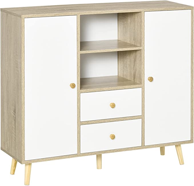 HOMCOM Aparador de Salón con 2 Puertas 2 Cajones y 2 Estantes Abiertos Mueble Auxiliar de Almacenaje para Cocina Recibidor 100x30x85 cm Blanco y Natural