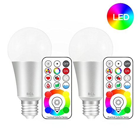 BCL Remote Control LED Color Changing Light Bulb, 60W Equivalent, A19, E26 Base, RBG   Daylight White, Dimmable/Timing/Memory/3 way functions Lamp (pack of 2) UPGRADED VERSION