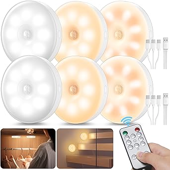 YiaMia Under Cabinet Lighting, Light Sensor   Motion Sensor LED Puck Lights, Rechargeable Wireless LED Closet Lights with Remote Control, Night Light for Kitchen, Cabinet, Hallway, Drawer (6 Pack)