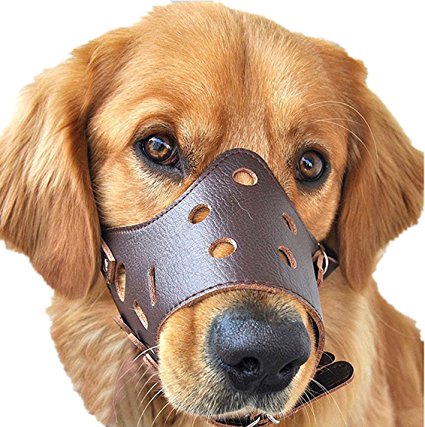 Dog Muzzle Leather, Comfort Secure Anti-barking Muzzles for Dog, Breathable and Adjustable, Allows Dringking and Eating, Used with Collars