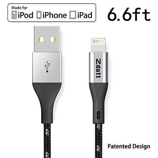 Zdatt Lightning Cable Nylon Braided Apple MFi Certified 6.6 Feet/2M Long Reversible Lightning to USB Sync Charging Cable Cord with Aluminum Connector for iPhone 6S/5S, iPad Air/Mini/Pro, iPod-Black