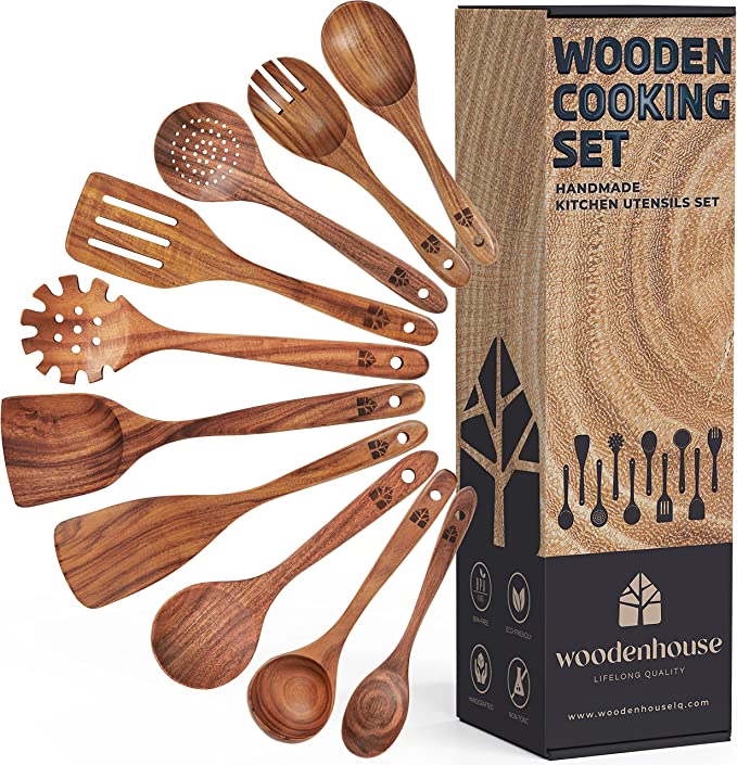 Wooden Spoons for Cooking, 10 Pcs Teak Wood Cooking Utensil Set - Wooden Kitchen Utensils for Nonstick Pans & Cookware - Sturdy, Lightweight & Heat Resistant