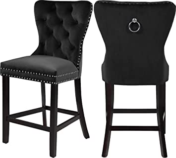 Meridian Furniture 741Black-C Nikki Collection Modern | Contemporary Velvet Upholstered Counter Stool with Wood Legs, Button Tufting, and Chrome Nailhead Trim, Set of 2, Black, 21" W x 24.5" D x 43" H