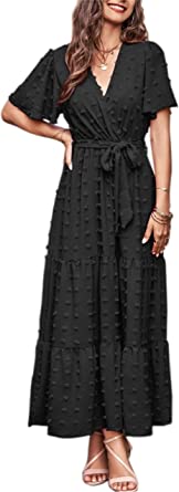 MASCOMODA Women Boho Swiss Dot Maxi Dresses Wrap V Neck Flutter Short Sleeve Solid Tie Waist A Line Tiered Flowy Long Dresses