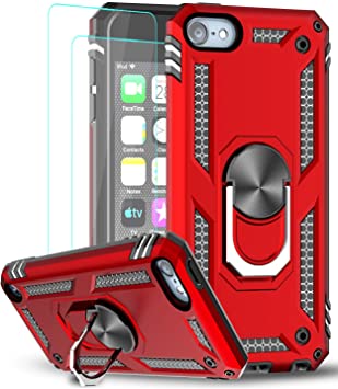 iPod Touch 7 Case, iPod Touch 6 Case, iPod Touch 5 Case with Tempered Glass Screen Protector [2 Pack],LeYi Military Grade Phone Case with Car Mount Kickstand for Apple iPod Touch 7th/6th/5th Gen Red