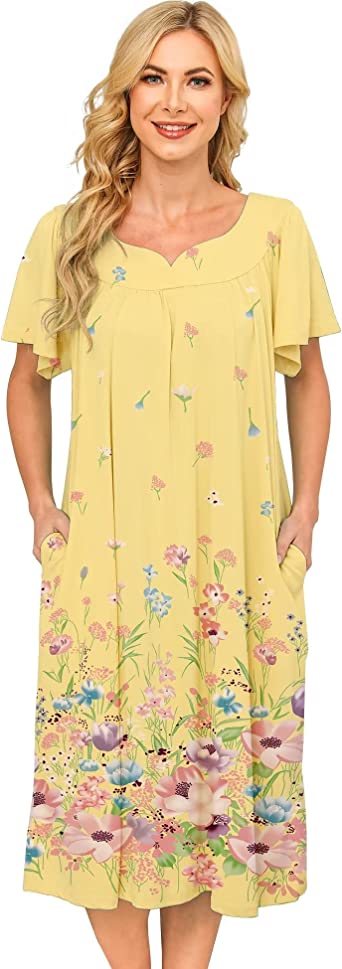 Bloggerlove House Dresses for Women With Pockets Mumu Duster Housecoat Short Sleeve Patio Dress S-XXL