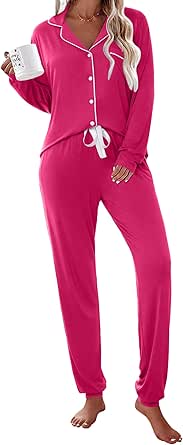 Ekouaer Pajamas Set Long Sleeve Sleepwear Womens Button Down Nightwear Soft Pj Loungewear with Pockets