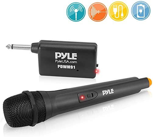 Portable VHF Wireless Microphone System - Professional Battery Operated Handheld Dynamic Unidirectional Cordless Microphone Transmitter Set W/Adapter Receiver, for PA Karaoke DJ Party - Pyle PDWM91