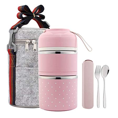 YBOBK HOME Bento Lunch Box Leakproof Stainless Steel Stackable Lunch Box with Bag and Reusable Flatware Set Thermal Food Storage Container for Healthy On-the-Go Meal and Snack Packing (2-Tier, Pink)