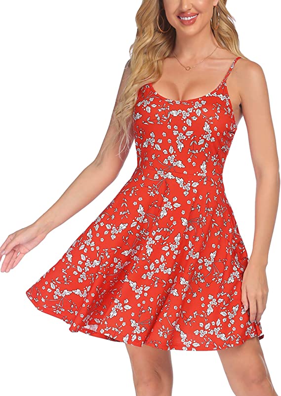 ACEVOG Women's Sleeveless Adjustable Strappy Summer Beach Floral Flared Swing Dress Casual Fit