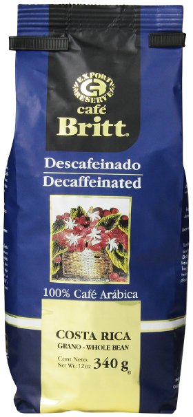 Cafe Britt Costa Rica Decaffeinated Whole Bean Coffee, 12 Ounce Bag