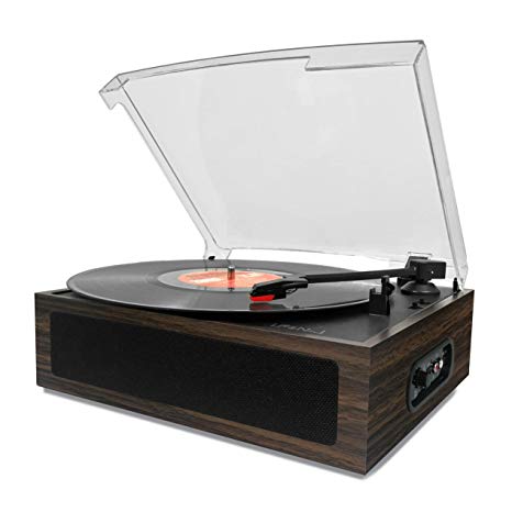 LP&No.1 Vintage Vinyl Record Player with Stereo Speaker,3 Speed Turntable Dark Brown