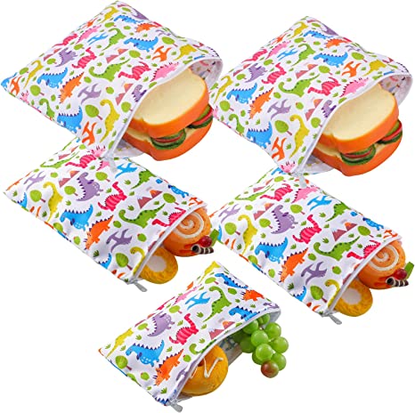 5 Pieces Reusable Sandwich and Snack Bags Safe, Snack Bags with Zipper for Store Preserves, Snacks and Sandwiches, with 2 Large 2 Medium and 1 Small Bags (Dinosaur Pattern)