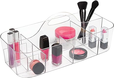 mDesign Plastic Portable Makeup Organizer Caddy Tote, Divided Basket Bin with Handle, for Bathroom Storage - Holds Blush Makeup Brushes, Eyeshadow Palette, Lipstick - Extra Large - Clear