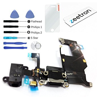 Zeetron Replacement Bottom Dock Charging Port Flex Ribbon Headphone Jack Assembly for Iphone 5   Premium Tool Kit   Screen Protector   Cloth A1428 A1429 A1442