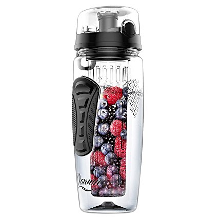 Fruit Infuser Water Bottle Large 32oz by Danum - New Full Length Infusion Basket, Leak-proof, Flip-Top, Dual Hand Grips, made of BPA-Free Eastman Tritan with Multiple Color Options & Free Recipe Ebook