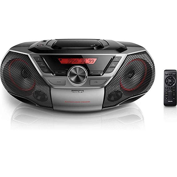 Philips Portable Boombox CD Player Bluetooth FM Radio MP3 Mega Bass Reflex Stereo Sound System with NFC, 12W, USB Input, Headphone Jack, and LCD Display