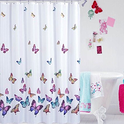 KINGEAR Ros BW-02 72x72 Inches Mildew Resistant Waterproof Shower Curtain With Butterflies