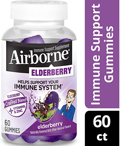 Elderberry   Vitamins & Zinc Crafted Blend Gummies, Airborne (60Count in A Bottle), Gluten-Free Immune Support Supplement with Vitamins C, D & E That Has No Artificial Sweeteners & No Color Added