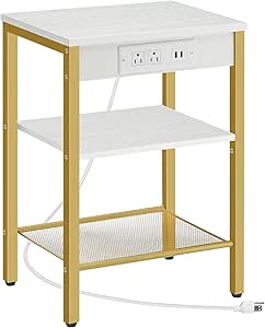 HOOBRO End Table with Charging Station and USB Ports, 3-Tier Nightstand with Adjustable Shelves, Small Side Table for Small Space in Living Room, Bedroom and Balcony, White and Gold DW112BZ01G1